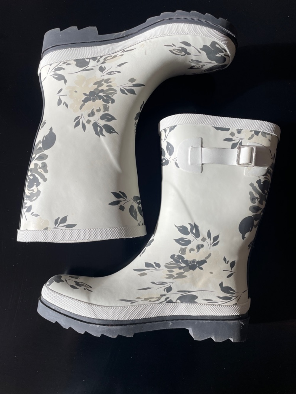 Journee Collection White Floral Rain Boots with Black Soles NWOT